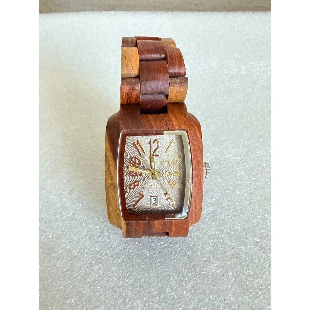 Tense Canada Natural Wood Watch Rectangle Date Dial Two Tone Wooden Links Unisex